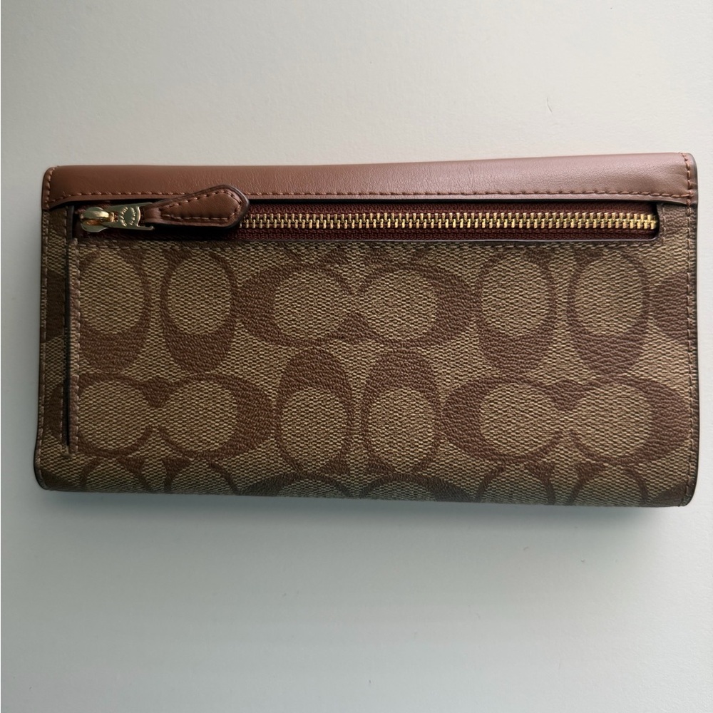 Coach Slim Trifold Wallet in Signature Canvas in Light Khaki/Saddle C5966 - Picture 2 of 6